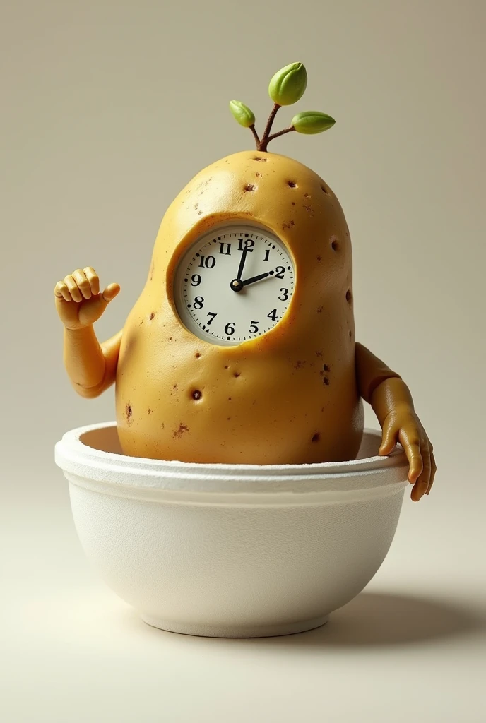 Potato with arm and clock stuffed in a Styrofoam pot