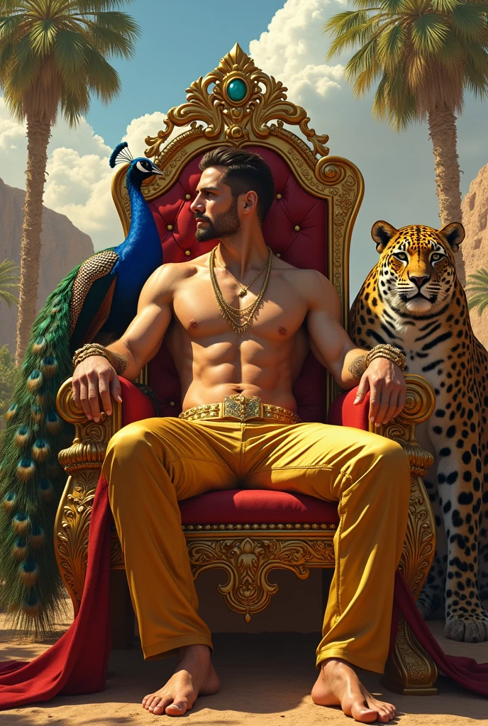A handsome handsome shirtless man wearing gold pants sitting on a king's chair, slim white skinned in the desert palm tree behind a lake and a peacock with two leopards beside him
