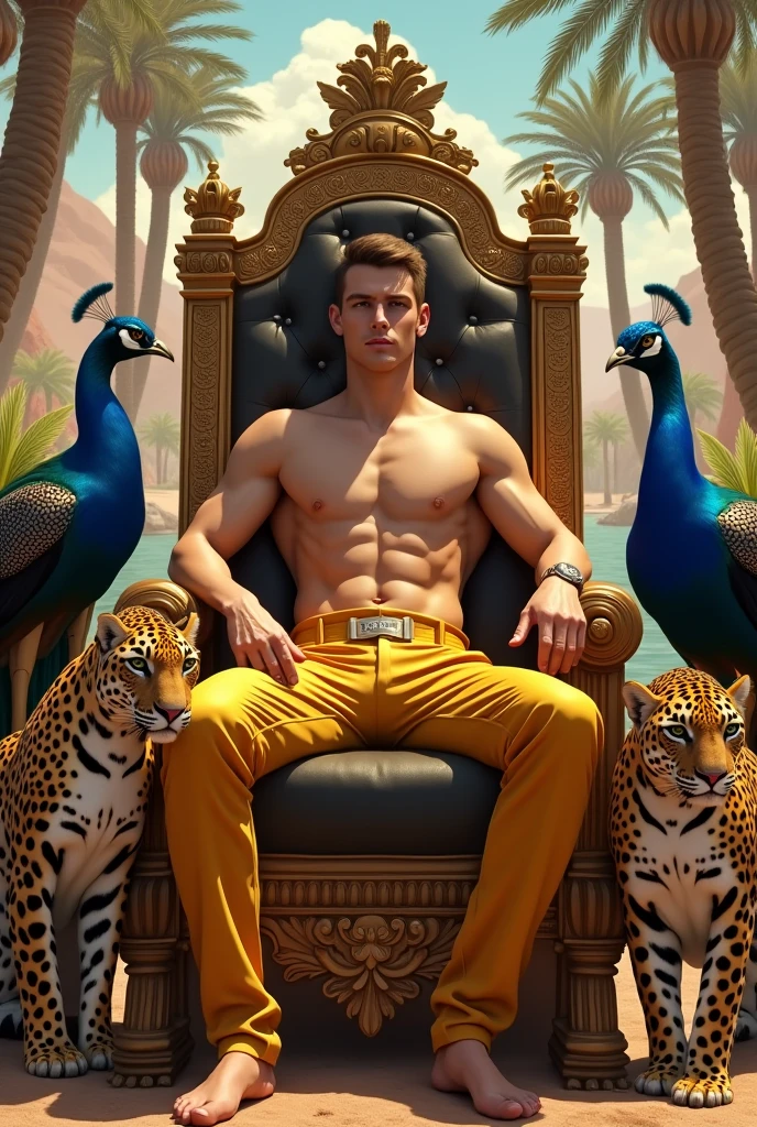 A handsome handsome shirtless man wearing gold pants sitting on a king&#39;s chair, slim white skinned in the desert palm tree behind a lake and a peacock with two leopards beside him