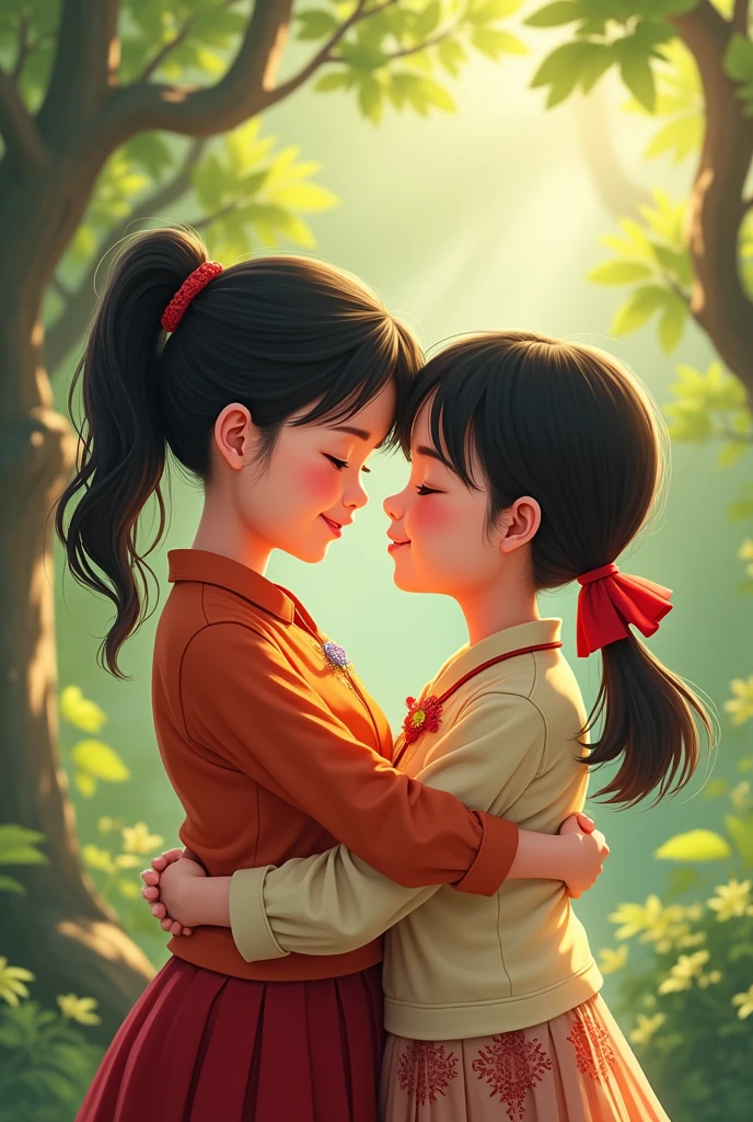 Burma girl and Vietnam girl hug
