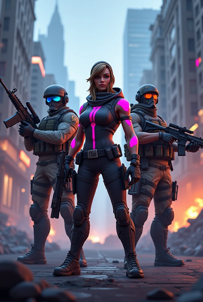 Generate an image of a Fortnite character, Warzone and Call Of duty together