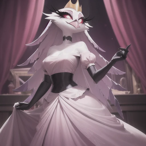 (best quality, masterpiece:1), furry female anthro stella, owl, portrait, stelladress, white dress, black belt, pink beak, standing, gold crown, looking to the side, closed mouth, smile, wide-eyed, white pupils, elbow gloves, choker, pink gradient dress, (dimly lit fancy formal ball background:1.0),
