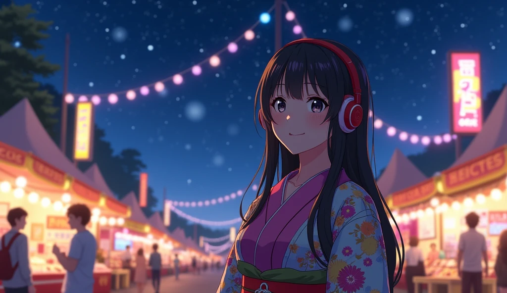 Perfect image, 8k、summer、night、high school girl、Mature、Big Breasts、yukata、looks fun、smile、Using headphones、festival、stall、 2D-style animation, Lo-Fi、Retro、Emotional、Anime style illustrations
