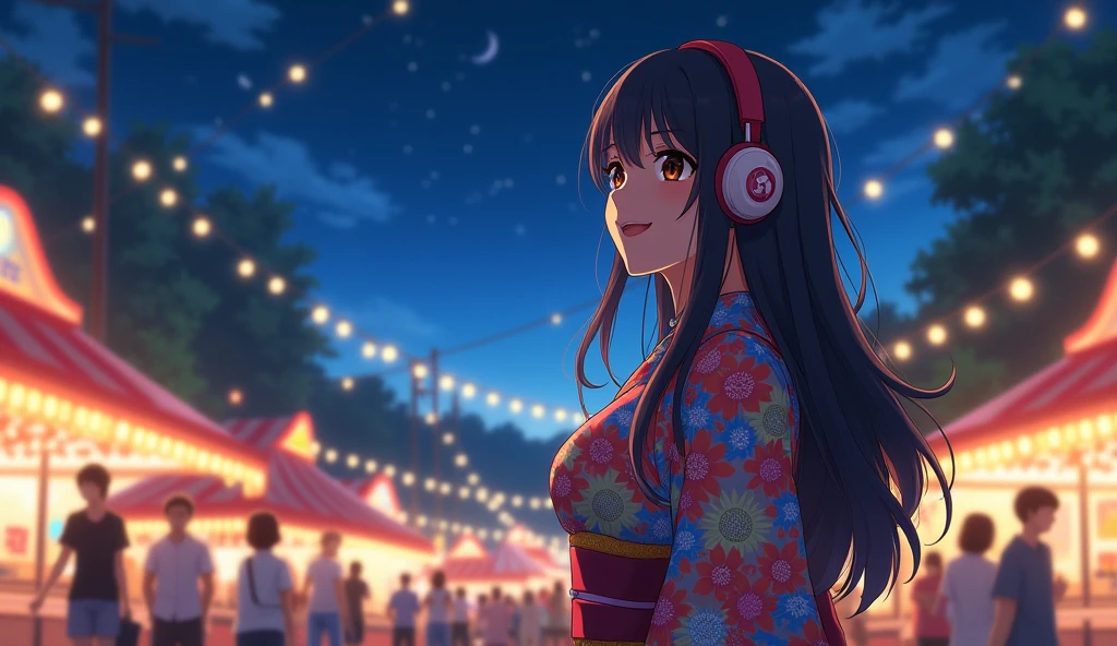 Perfect image, 8k、summer、night、high school girl、Mature、Big Breasts、yukata、looks fun、smile、Using headphones、festival、stall、 2D-style animation, Lo-Fi、Retro、Emotional、Anime style illustrations