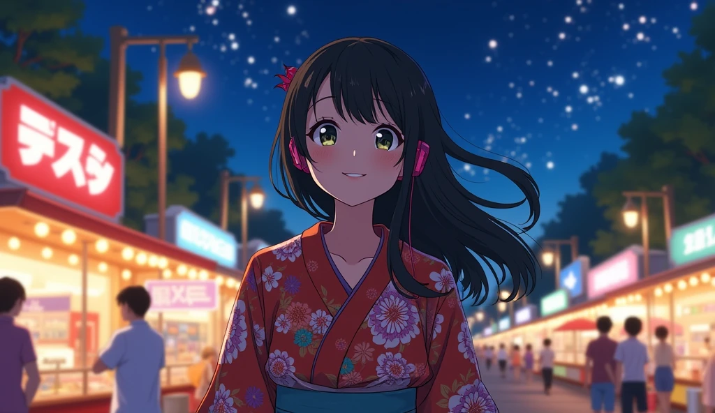 Perfect image, 8k、summer、night、high school girl、Mature、Big Breasts、yukata、looks fun、smile、Using headphones、festival、stall、 2D-style animation, Lo-Fi、Retro、Emotional、Anime style illustrations