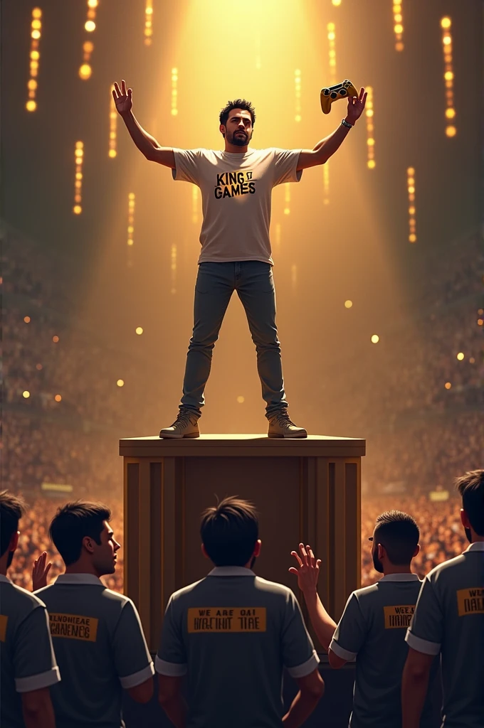 Create a man on top of the podium, holding a golden controller, and with the name king of games written on the shirt And have 5 people watching crying because they lost to him, with a shirt saying we are customers