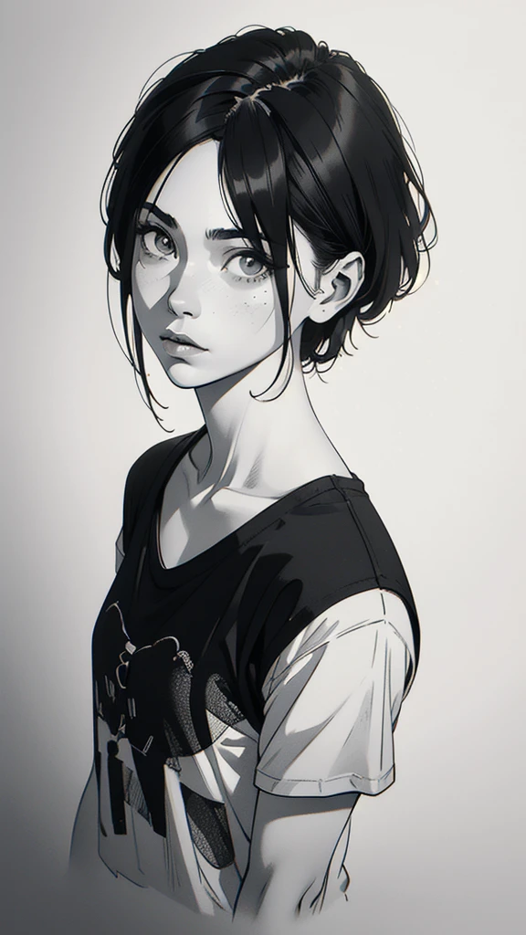 1 boyish girl, solo, sharp eyes, monochrome, greyscale, short black hair, portrait, white T-shirt, Thin eyebrows, closed mouth, looking at viewer, graphite \(medium\), detailed lips, hatching \(texture\), without makeup, bangs, upper body, (best illustration), (best quality), (very detailed), (masterpiece), expressionless,
