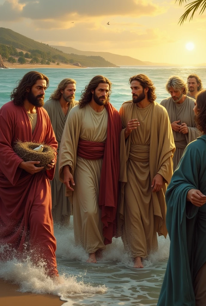 The ship approaches the shore. Jesus' disciples are exhausted but relieved. The little bird sings happily in its nest. (Quite a few disciples)