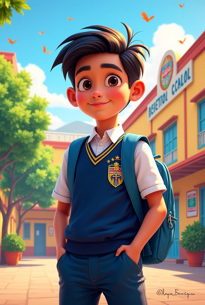 Pixar-style poster of a student wearing the uniform of the Lauro Damerval Ayora Educational Unit of Loja-Ecuador 