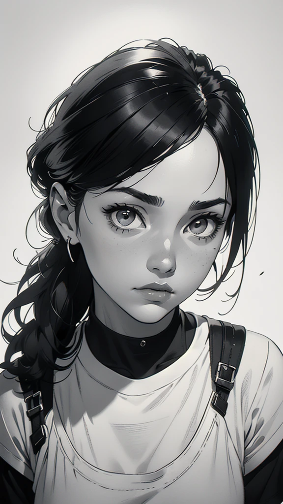 1 boyish girl, solo, sharp eyes, monochrome, greyscale, short black hair, portrait, white T-shirt, Thin eyebrows, closed mouth, looking at viewer, graphite \(medium\), detailed lips, hatching \(texture\), without makeup, bangs, upper body, (best illustration), (best quality), (very detailed), (masterpiece), expressionless,
