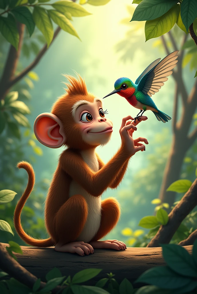 An adult monkey and a hummingbird working together