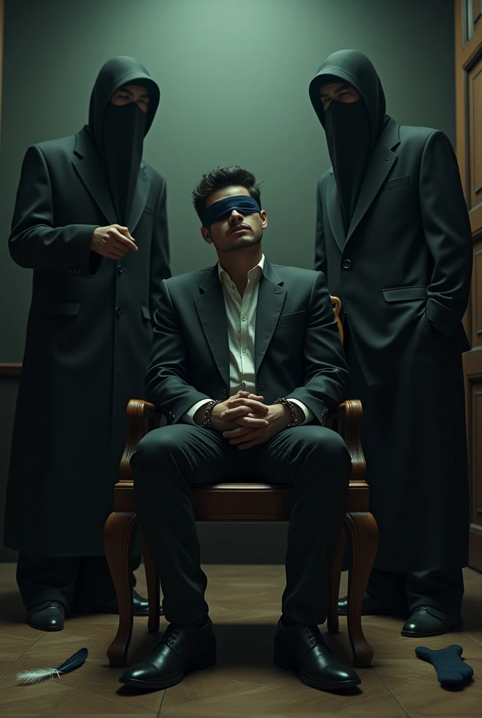 Handsome malay Zarul 22years lawyer
He laugh
Focus 5toefeet
Shoeless
Red loafer Shoes
Hand Handcuff wooden chair
blindfolded
feather on floor
Pair of Blacksock on floor
2 mafia pinch their nose
Black sock
The mafia boss rub his soles
