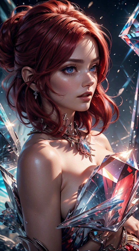 unreal engine:1.4,UHD,The best quality:1.4, photorealistic:1.4, skin texture:1.4, masterpiece:1.8,Beautiful woman ,(red crystal dress), (Beautiful and detailed eye description), (giant crystals background:1.4),Primer plano de la Upper part of the body, blush, (Red hair:1.4), portrait, Upper part of the body, Looking at the observer, detailed background, detailed face, (Crystal clear AI, Crystal theme: 1.1), Elemental Fire Elf, rotation fire,