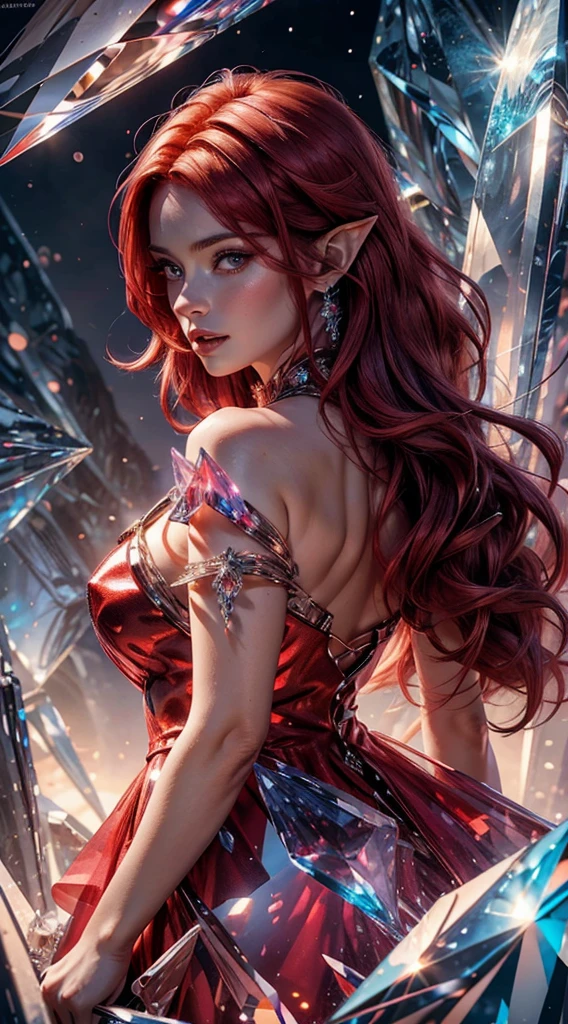 unreal engine:1.4,UHD,The best quality:1.4, photorealistic:1.4, skin texture:1.4, masterpiece:1.8,Beautiful woman ,(red crystal dress), (Beautiful and detailed eye description), (giant crystals background:1.4),Primer plano de la Upper part of the body, blush, (Red hair:1.4), portrait, Upper part of the body, Looking at the observer, detailed background, detailed face, (Crystal clear AI, Crystal theme: 1.1), Elemental Fire Elf, rotation fire,