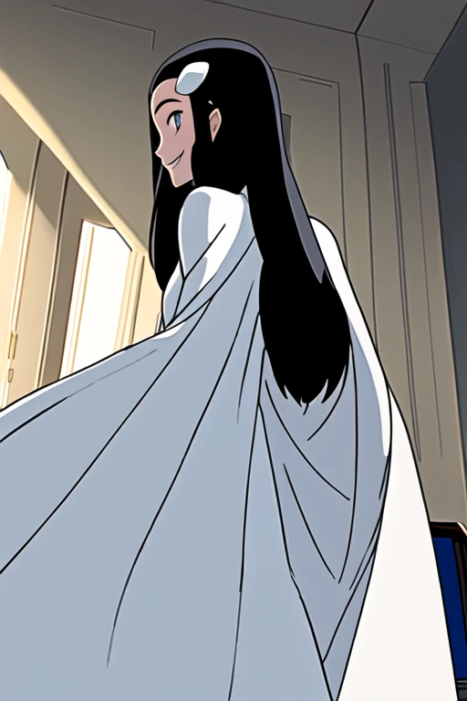 Tinya Wazzo, solo,black hair, long hair. grey eyes, smile, grey lips, white cape, best quality, masterpiece, 1girl, Masterpiece, Best Quality, Detail, room, From Behind, From Below, cape wavering in fronts, cape infront, long cape