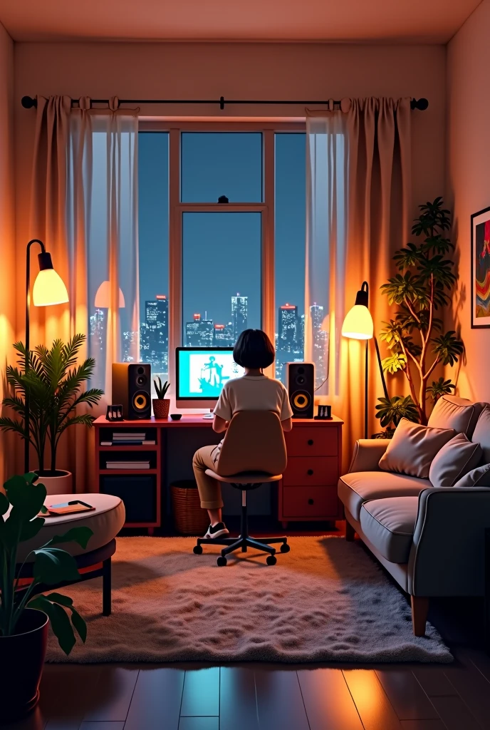 create a relaxed living environment, hot , cozy for a lofi music youtube channel, Warm lights and a window that shows the city at night