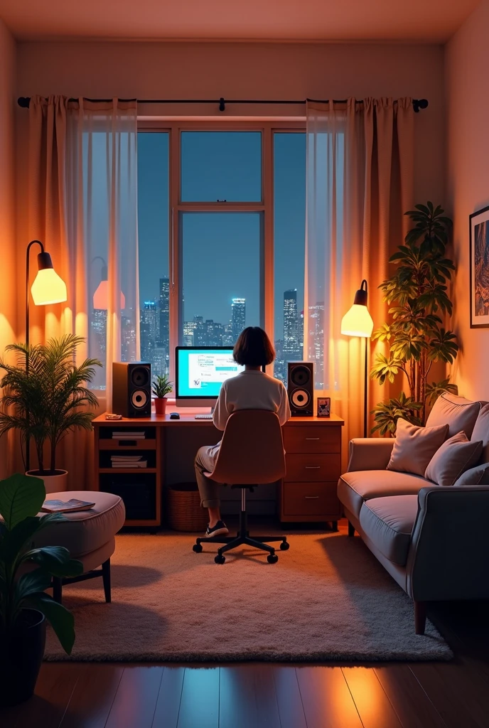 create a relaxed living environment, hot , cozy for a lofi music youtube channel, Warm lights and a window that shows the city at night