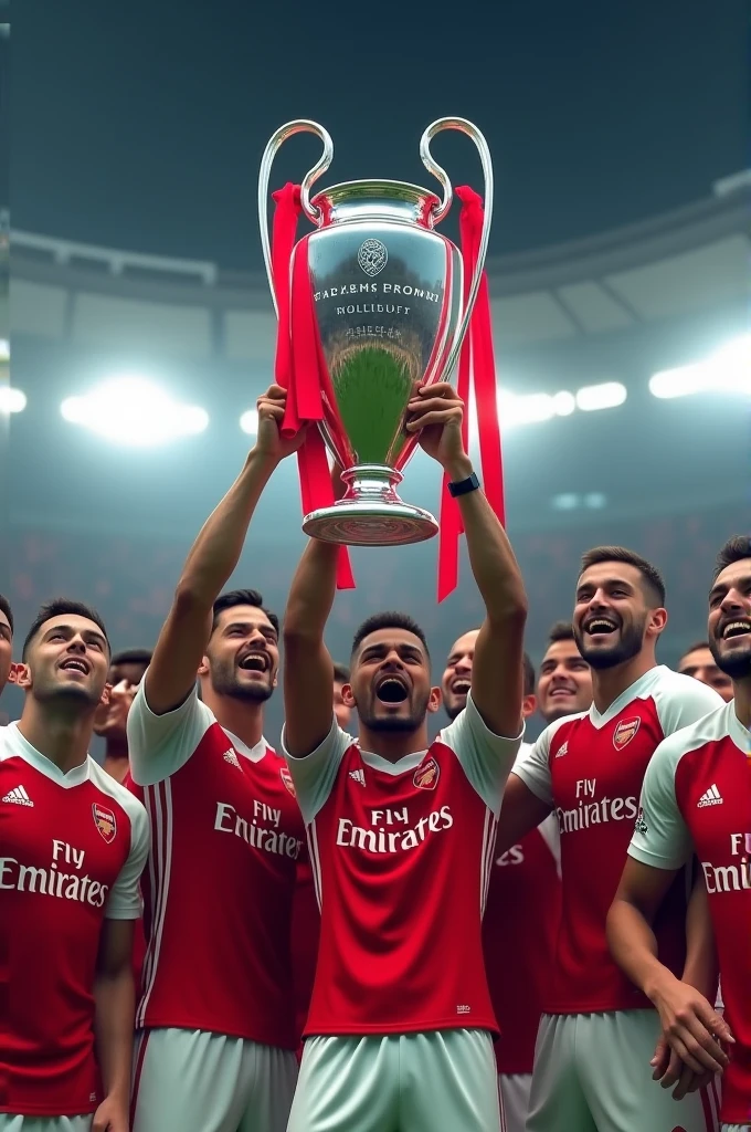 Arsenal 24/25 squad lifting UCL 24/25 with 24/25 kit on