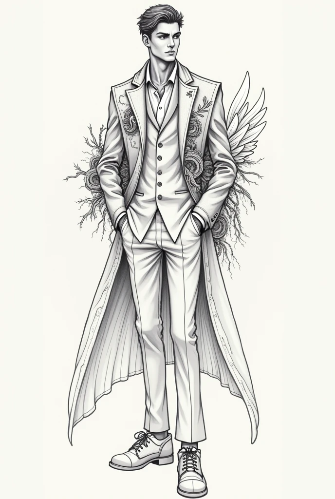 Create an outfit for a fashion show with the following theme and inspiration pencil drawing style as a sketch of a drawing of a fashion outfit a little drawing style a little simple in drawing style and more elaborate in the style of the outfit now to finish do it in the style of a sketch of a drawing of a dress/FASHION CLOTHING MADE BY A SIMPLE HUMAN BEING make the style of the clothing a little more elaborate remember to put more fabric in the clothing don&#39;t forget the wings and roots. Make a men&#39;s outfit:

theme: Roots and Wings Inspiration: This concept explores the duality between the roots that keep us anchored and the wings that allow us to fly.. The piece symbolizes the importance of recognizing our origins as we seek freedom and personal growth..