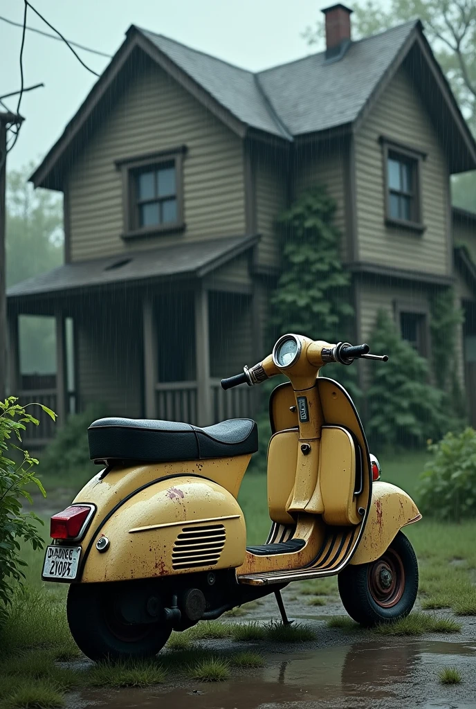 An old scooter is kept outside of the old house, raining and windy outside, no electricity 