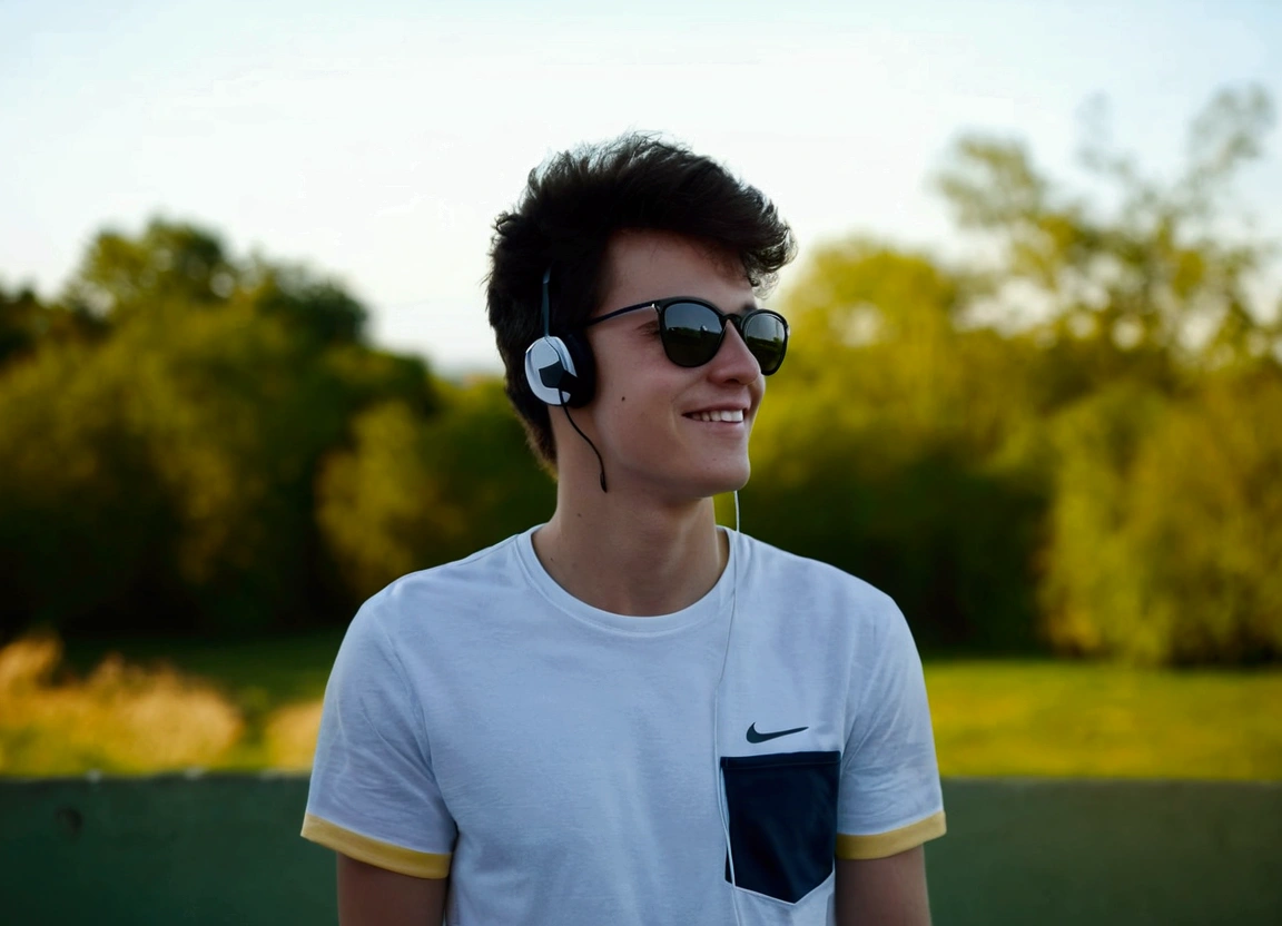 high quality realistic image, with other clothes in a house on the balcony listening to music with white headphones headset, white shirt and black shorts, nike sneakers, with a beautiful smile high quality image, realistic country house with beautiful view