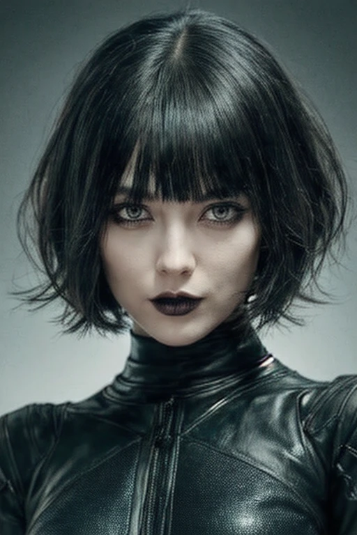 perfect female android, short hair, Straight Front Fringe covering the forehead up to the eyebrows, Yor Forger style hair, black gothic futuristic outfit with gray details 