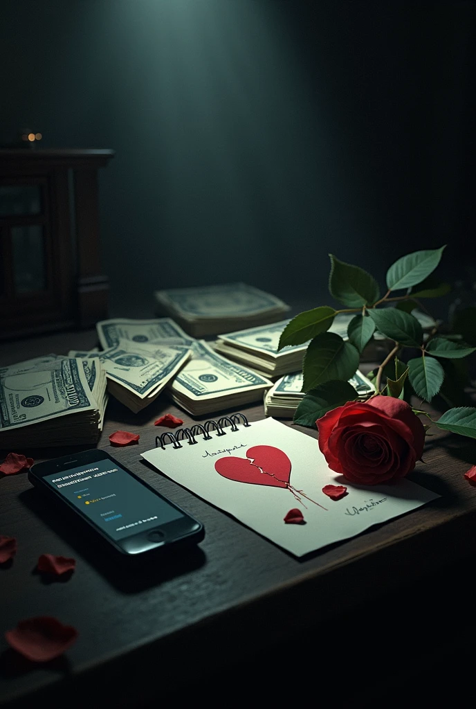 Create an image with a dark environment, a table and a lamp, with lots of money bills, a cell phone with a notification, a handwritten letter with a broken heart and a rose with petals on the side