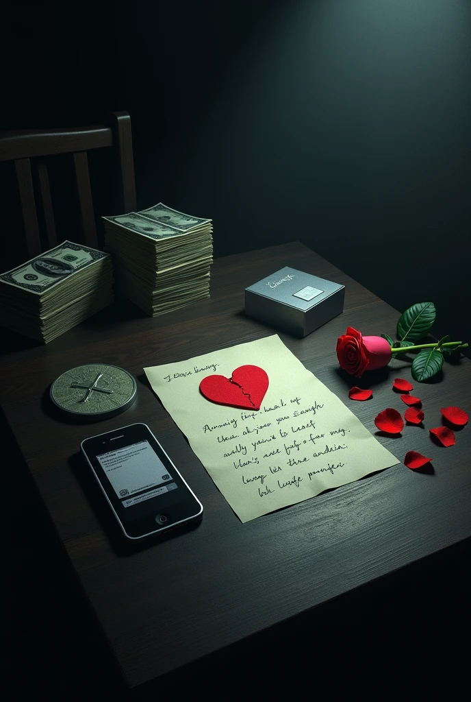 Create an image with a dark environment, a table and a lamp, with lots of money bills, a cell phone with a notification, a handwritten letter with a broken heart and a rose with petals on the side