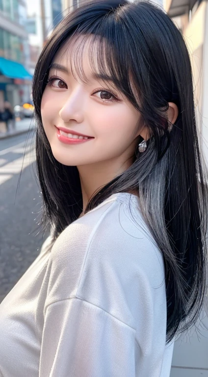 Happy smile seeing this、In the city、(Highest quality,8K quality,masterpiece:1.3,),(Ultra-high resolution:1.3,Realistic:1.4,RAW Photos:1.2),(Very detailed:1.2,Glowing Skin,Detailed skin:1.1),(Detailed face,Perfect Anatomy,Caustics:1.2),,1 girl,cute,Japanese,1,Japanese Ido,black hair, [(gradient hair from silver to black:1.4):0.4], (silver inner hair: 0.8), long hair,cute目,Natural Makeup,bright casual clothes,Laughter,Looking into the camera,On the face,Face Focus,Professional Lighting,Natural soft light,