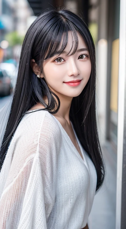 Happy smile seeing this、In the city、(Highest quality,8K quality,masterpiece:1.3,),(Ultra-high resolution:1.3,Realistic:1.4,RAW Photos:1.2),(Very detailed:1.2,Glowing Skin,Detailed skin:1.1),(Detailed face,Perfect Anatomy,Caustics:1.2),,1 girl,cute,Japanese,1,Japanese Ido,black hair, [(gradient hair from silver to black:1.4):0.4], (silver inner hair: 0.8), long hair,cute目,Natural Makeup,bright casual clothes,Laughter,Looking into the camera,On the face,Face Focus,Professional Lighting,Natural soft light,