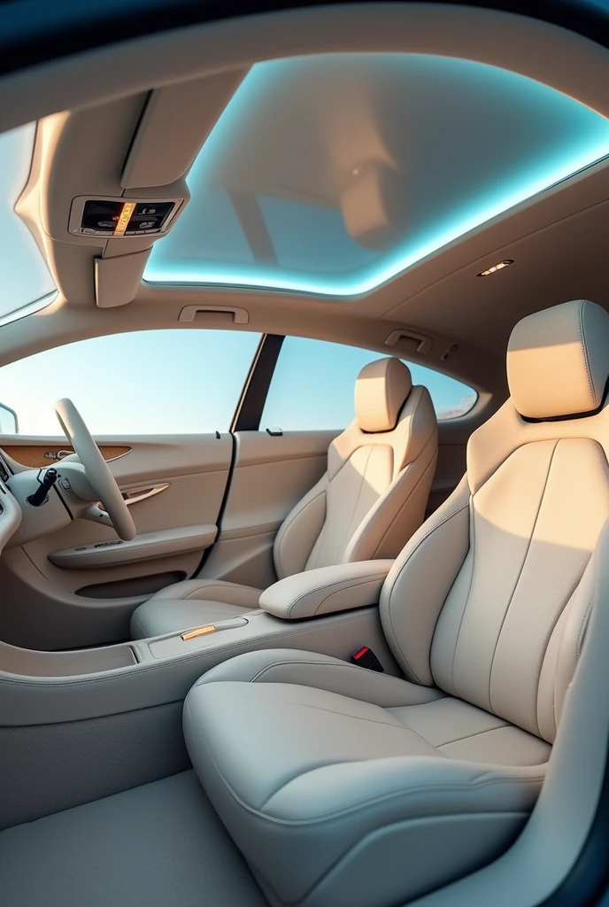 Light beige car interior, With leather seats and blue LED lights