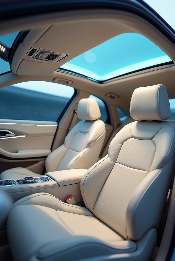 Light beige car interior, With leather seats and blue LED lights 