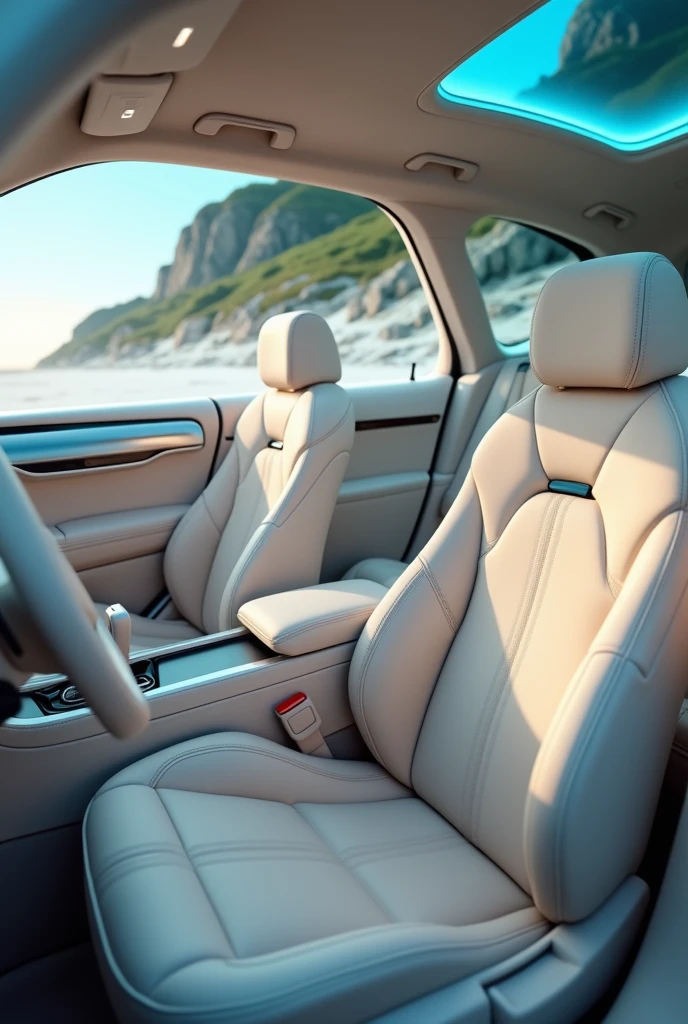 Light beige car interior, With leather seats and blue LED lights 