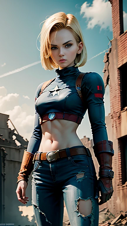 Android 18 Female version of Captain America background mechanical ruins