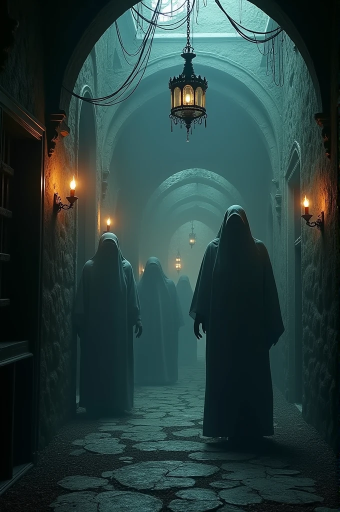 Generate Halloween video inside a dark fantasy themed haunted house