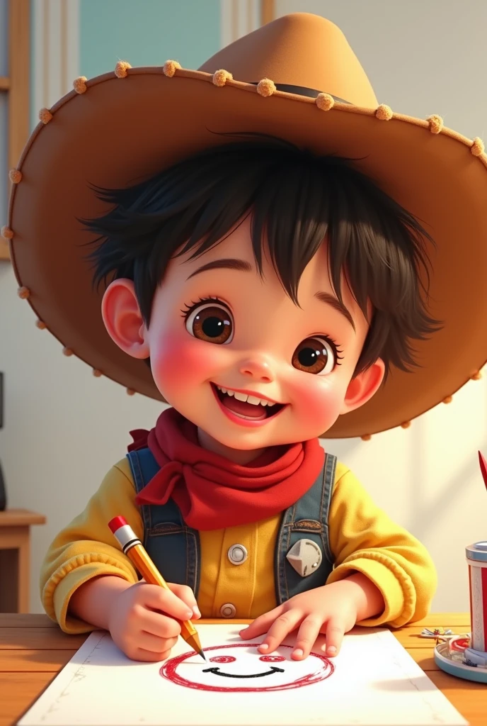child with cowboy hat drawing happy face, Disney style, only upper body