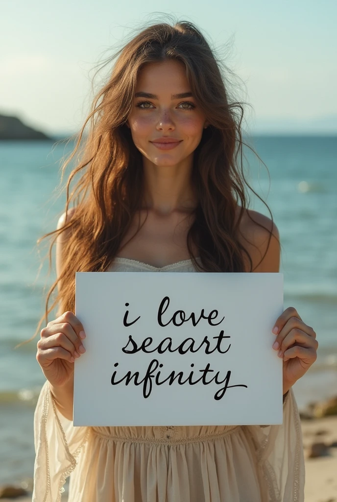 Beautiful girl with wavy long hair, bohemian dress, holding a white board with text "I Love Seaart Infinity" and showing it to the viewer