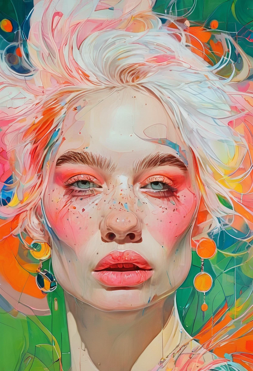 (Realistic painting), (Highest quality, High resolution, Photorealistic: 1.37), (Vibrant colors), (Studio Lighting), (orange, pink, white, Green details), (Woman with white Hair), (Tattoo), (Technical Wear: 1.1), (Abstract background with lines and circles). ((Highest quality, High resolution, Clear images, Detailed Background, girl, フラワーTTattoo, Starry Sky)). ((Highest quality: 1.37), (1 girl - solo, full length, Waist high, Relaxed and easy pose, Are standing), (おしゃれなpinkのドレス, Technical images)). ((setting, Soft Light, Shadow). (Technology background - abstraction) HD detailed, Cinematic, Surrealism, Soft Light, Deep Focus, Ray Tracing, diffusion.