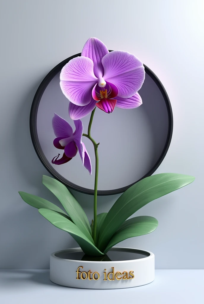 Cinematic 3D rendering of a logo design featuring a gracefully bending purple oncidium orchid and green leaves. The orchid is the focal point of a photo lens, placed on a light grey background. The name “foto ideas” is inscribed in gold letters below the orchid. The design combines modernity and classic charm. The harmonious combination of these elements creates a cinematic and elegant piece.