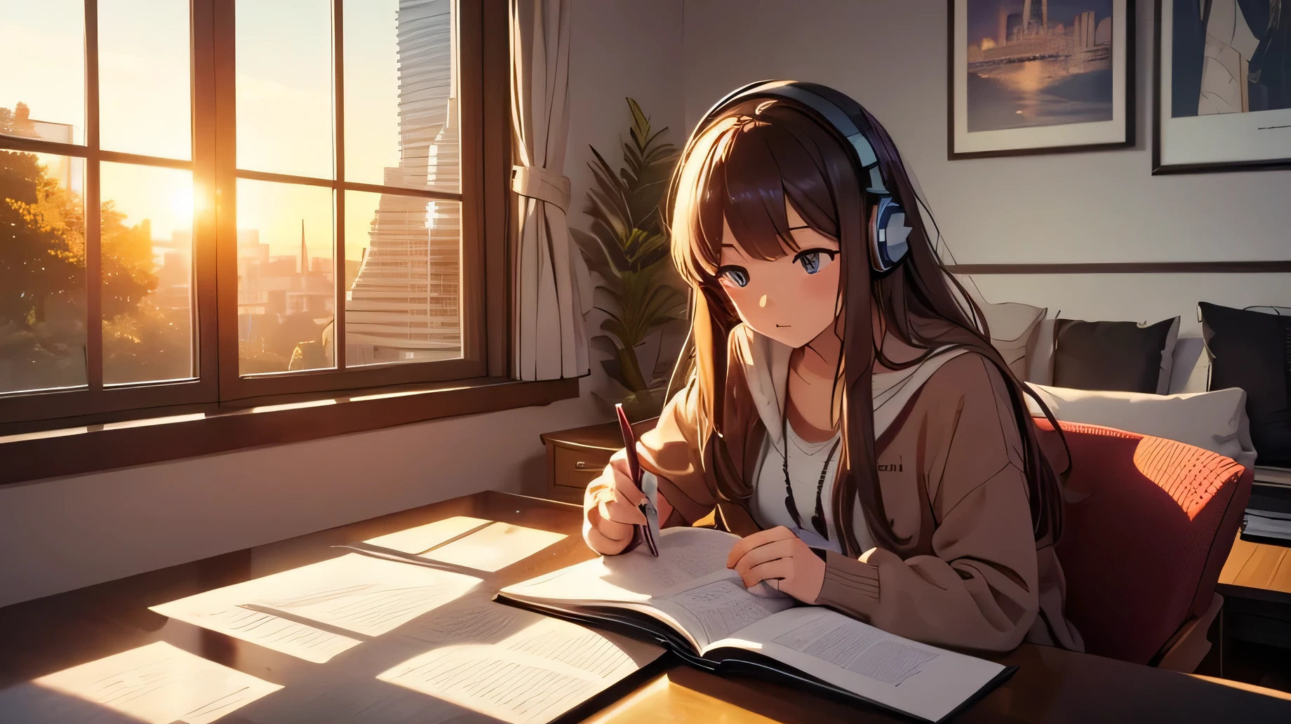 Lofi girl studying while listening to music in a very comfortable room,sunrise time,She is studying in her beautiful and detailed welcome room; You can also see the beautiful city and nature through her windows,Very beautiful and relaxing images such as trees and birds river clouds
