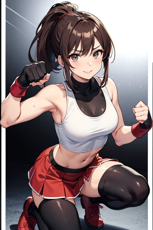 Anime Art、Full body portrait、Professional wrestling ring、A woman in her 20s, around 175cm tall, wearing a white tank top and a red flared skirt, standing up and pumping her fist、Knee support、Elbow Support、Hairstyle: short ponytail、Brown Hair、A strong smile、Grey Eyes、Red Boots、Sweat is splashing、Abdominal muscles、Flat chest、Gloves、Black spats