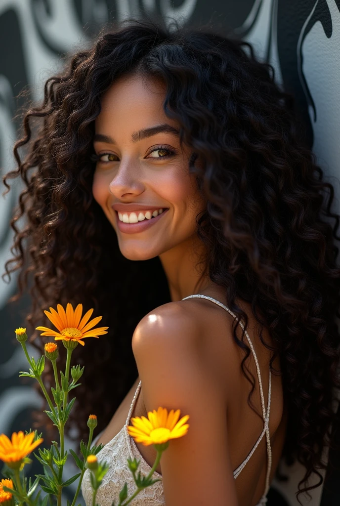 Portrait of gorgeous young white curly woman, long curly hair, left view, Brazilian type, sexy fun smile, high contrast colors, wildflowers, fluid dark pattern painting background, black white background, natural sunlight, street photography, 4k, professional lens.