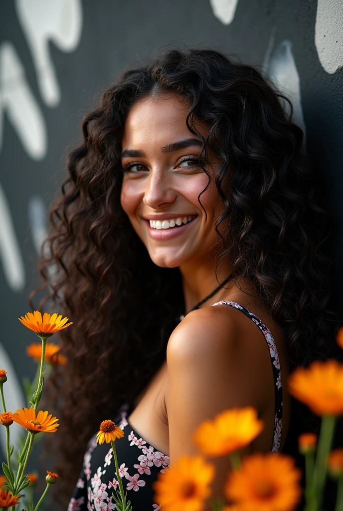 Portrait of gorgeous young white curly woman, long curly hair, left view, Brazilian type, sexy fun smile, high contrast colors, wildflowers, fluid dark pattern painting background, black white background, natural sunlight, street photography, 4k, professional lens.
