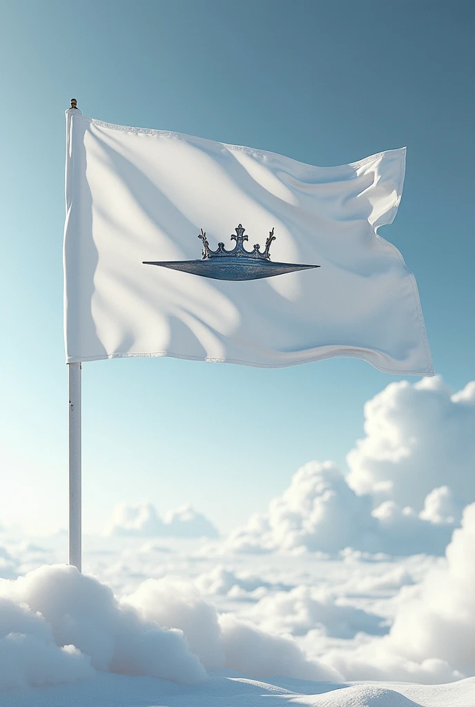 create a white flag that in the middle has a spaceship appearing on the horizon with a crown in the middle