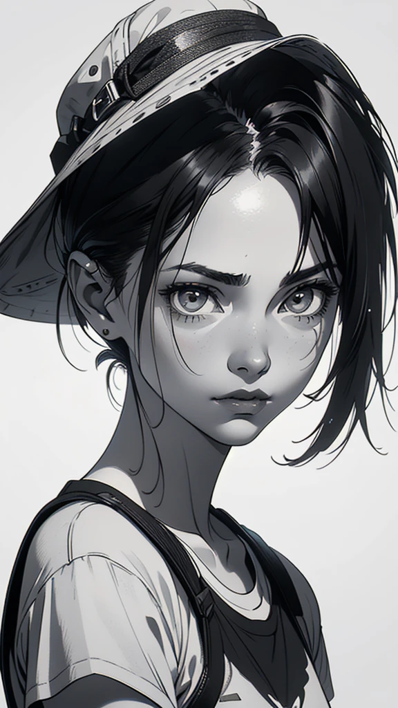 1 boyish girl, solo, sharp eyes, monochrome, greyscale, short black hair, portrait, white T-shirt, Thin eyebrows, closed mouth, looking at viewer, graphite \(medium\), detailed lips, hatching \(texture\), without makeup, bangs, upper body, (best illustration), (best quality), (very detailed), (masterpiece), expressionless,