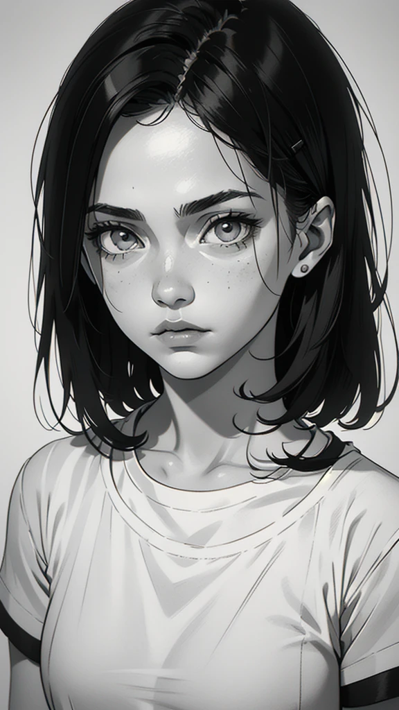 1 boyish girl, solo, sharp eyes, monochrome, greyscale, short black hair, portrait, white T-shirt, Thin eyebrows, closed mouth, looking at viewer, graphite \(medium\), detailed lips, hatching \(texture\), without makeup, bangs, upper body, (best illustration), (best quality), (very detailed), (masterpiece), expressionless,