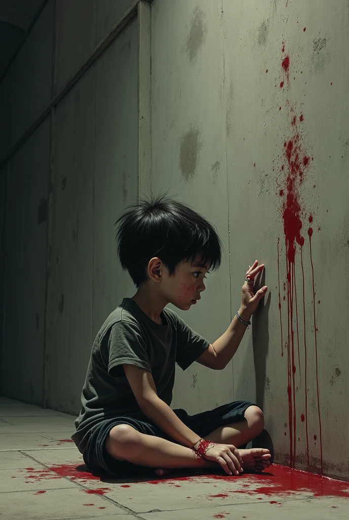 Create an illustration where a child draws in a cell with blood