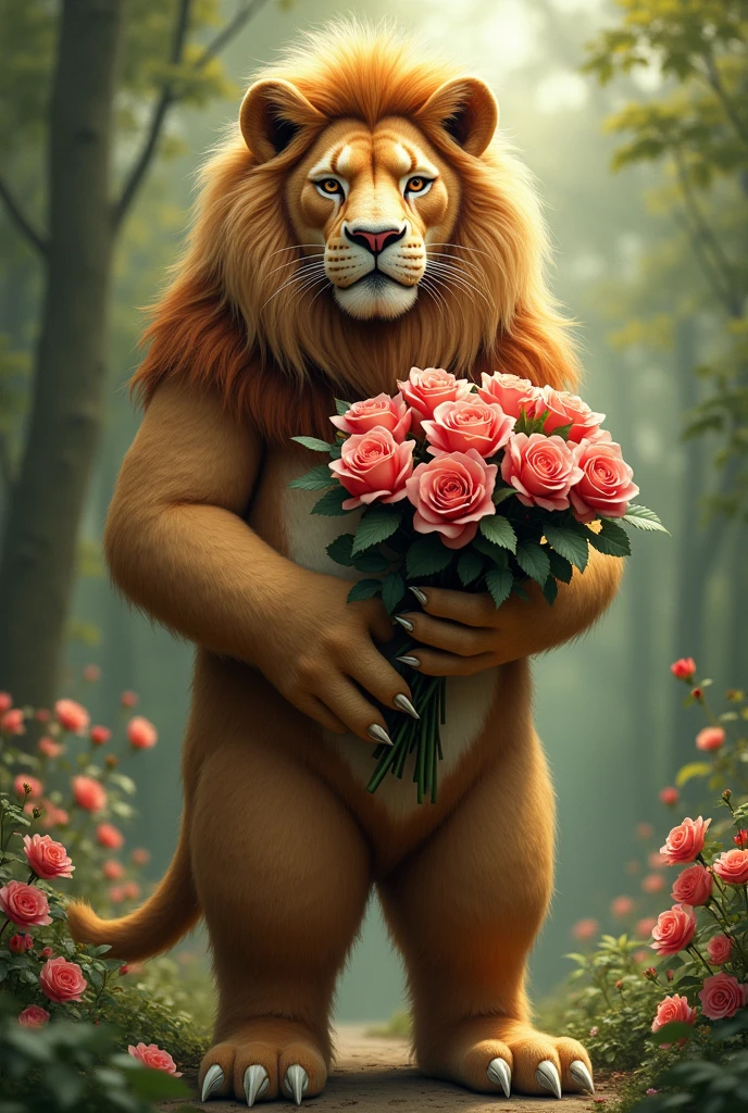 A man dressed in a full-body lion costume and in his hand he carries a bouquet of roses.