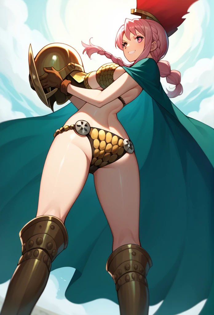 1girl, Solo, rebecca, anime style, breasts, bikini armor, pink hair, pink eyes, armor, cape, large breasts, braid, long hair, cleavage, gloves, navel, boots, shiny skin, helmet, From Behind, smile, From Below, cape wavering in fronts, cape infront, long cape 