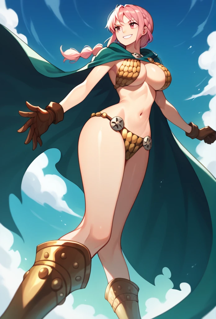1girl, Solo, rebecca, anime style, breasts, bikini armor, pink hair, pink eyes, armor, cape, large breasts, braid, long hair, cleavage, gloves, navel, boots, shiny skin, helmet, From Behind, smile, From Below, cape wavering in fronts, cape infront, long cape